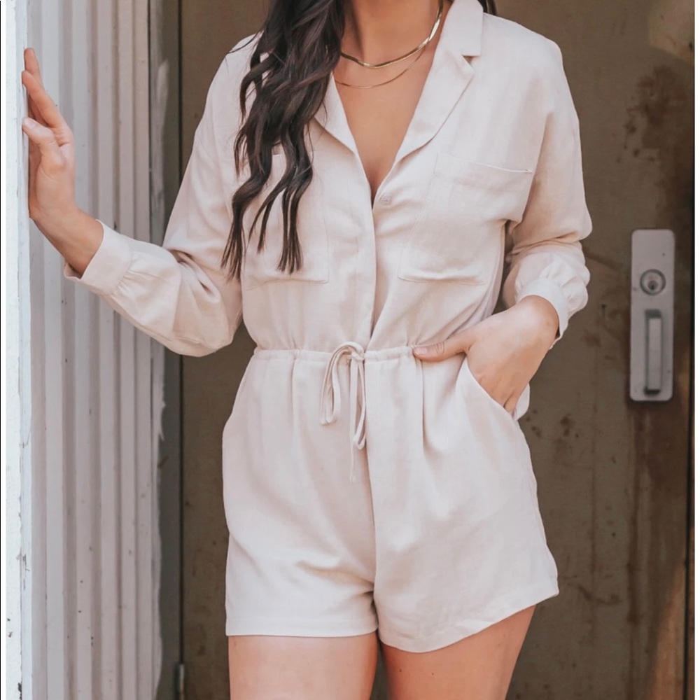 Long Sleeve Collared Taupe Linen Romper
